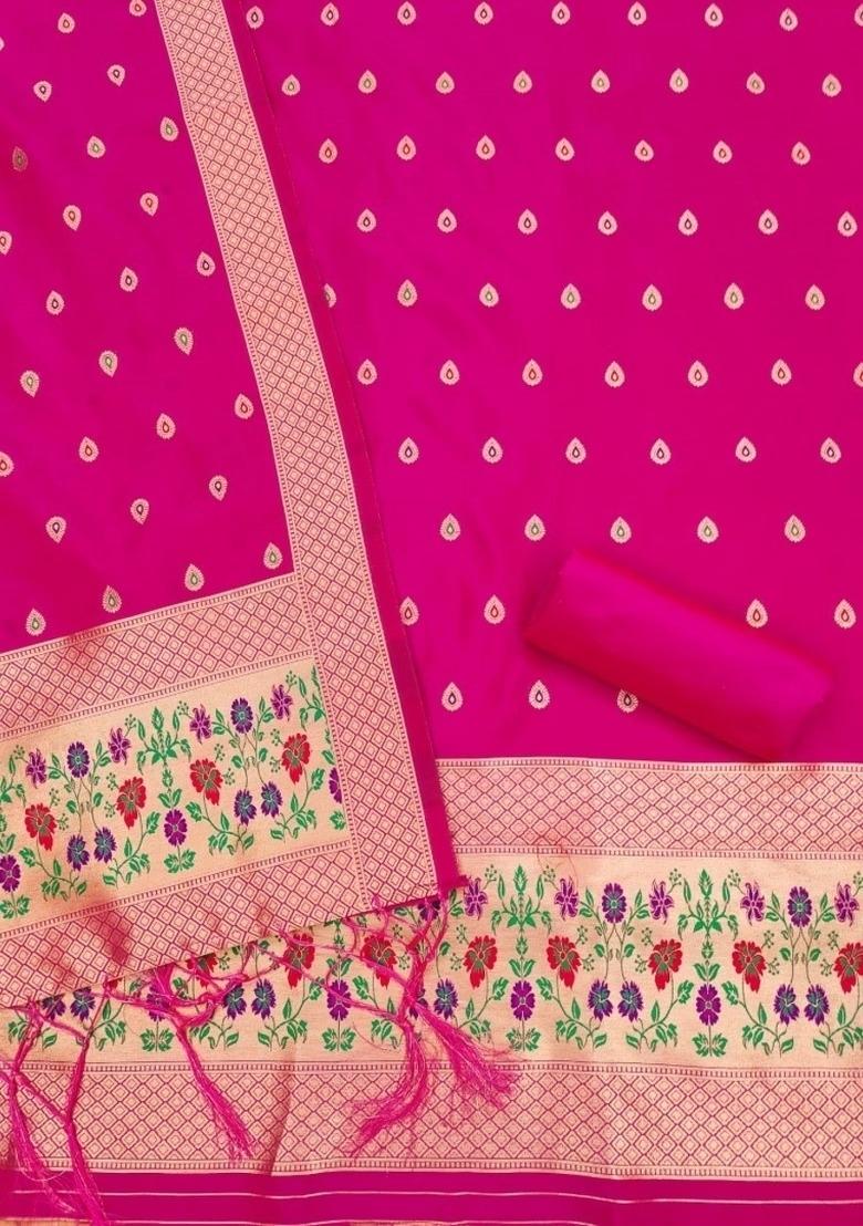 Pink Zari Woven Silk Dress Material - Indya