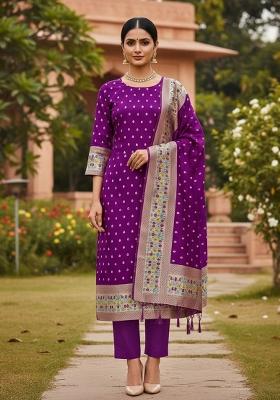 Purple Zari Woven Silk Dress Material