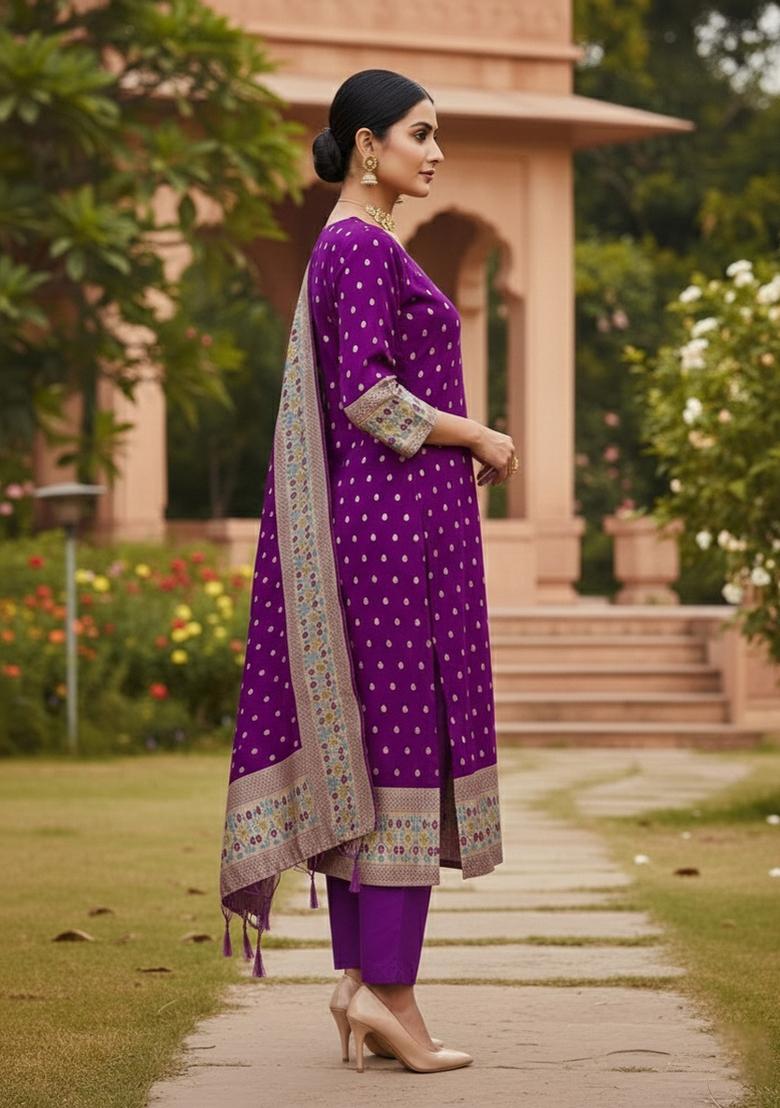 Purple Zari Woven Silk Dress Material - Indya