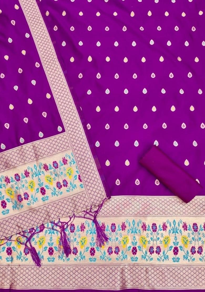 Purple Zari Woven Silk Dress Material - Indya