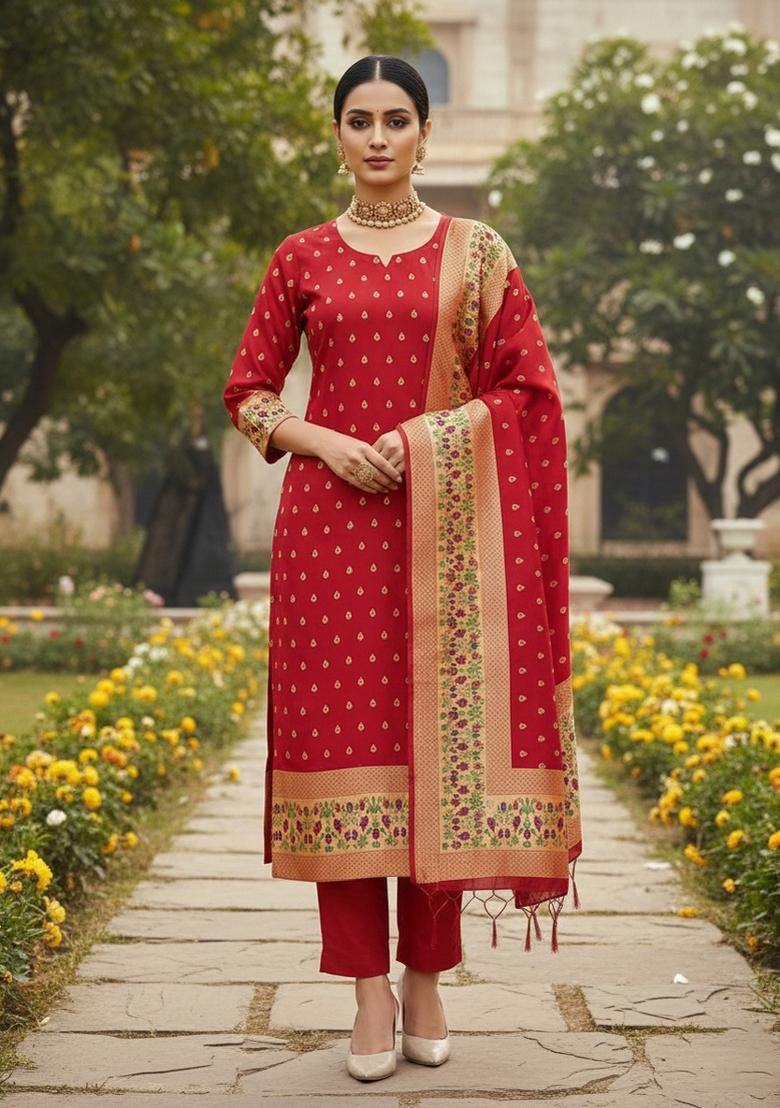 Red Zari Woven Silk Dress Material