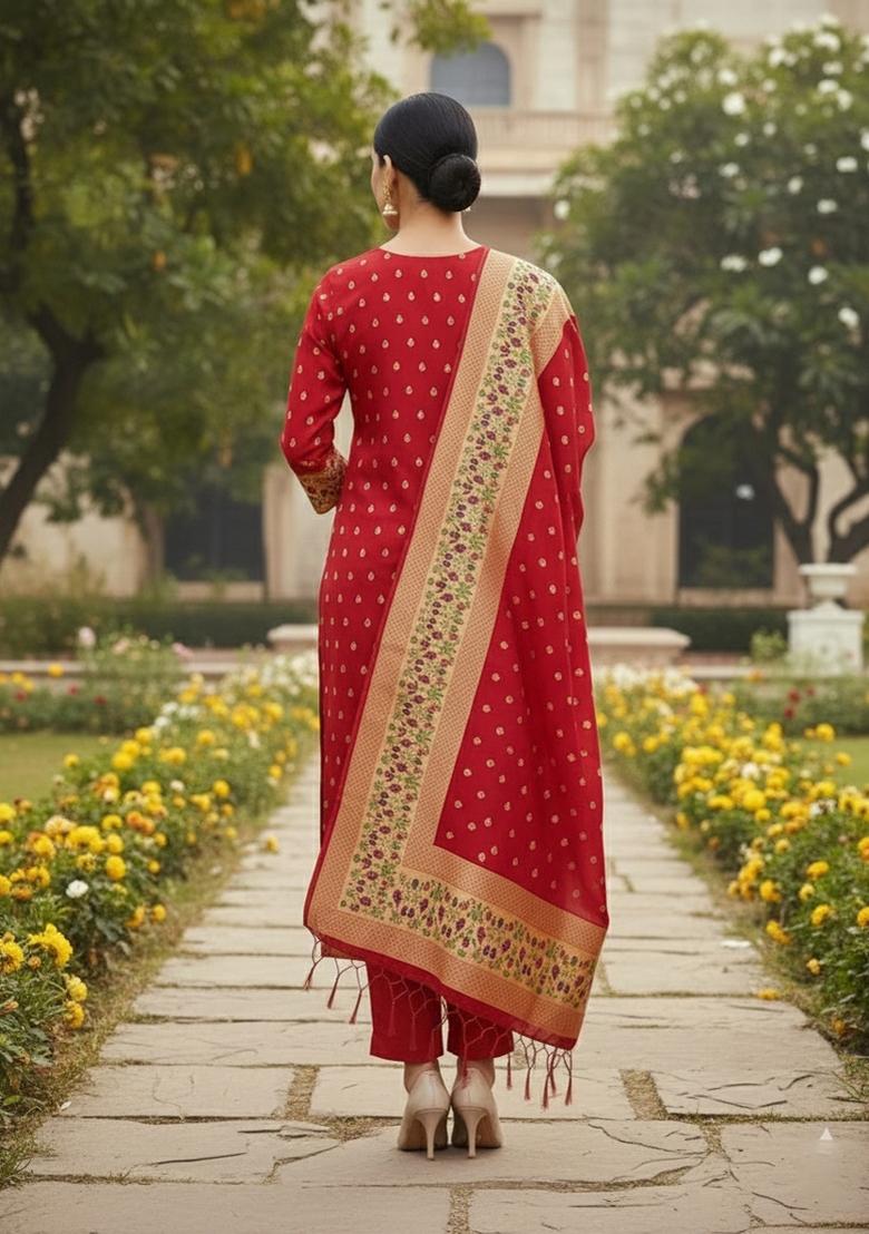 Red Zari Woven Silk Dress Material