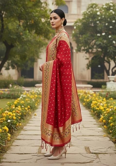 Red Zari Woven Silk Dress Material