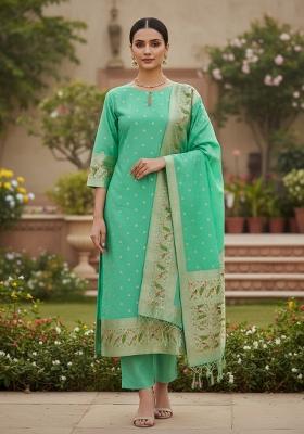 Sea Green Zari Woven Silk Dress Material