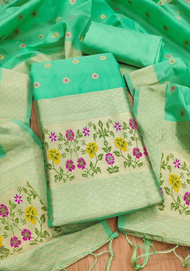 Sea Green Zari Woven Silk Dress Material