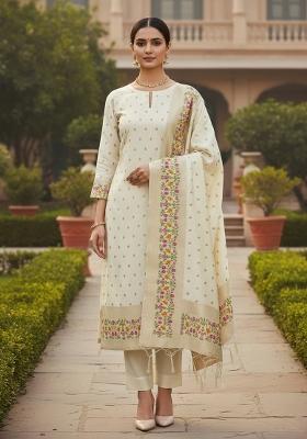 White Zari Woven Silk Dress Material