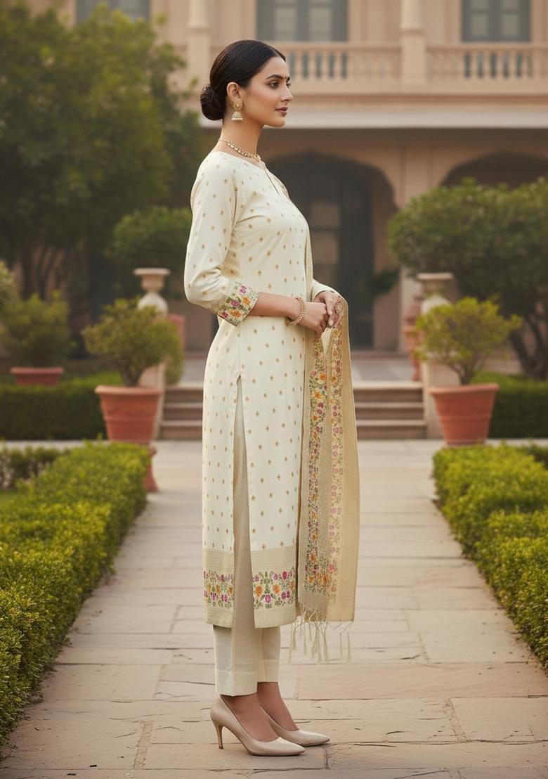 White Zari Woven Silk Dress Material - Indya