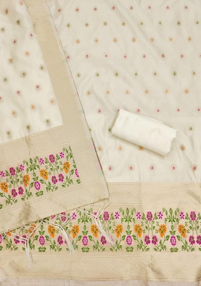 White Zari Woven Silk Dress Material - Indya