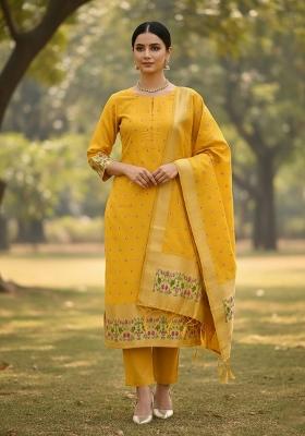 Yellow Zari Woven Silk Dress Material