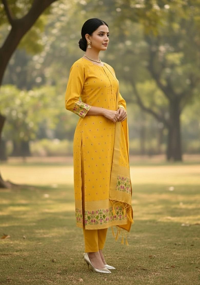 Yellow Zari Woven Silk Dress Material - Indya