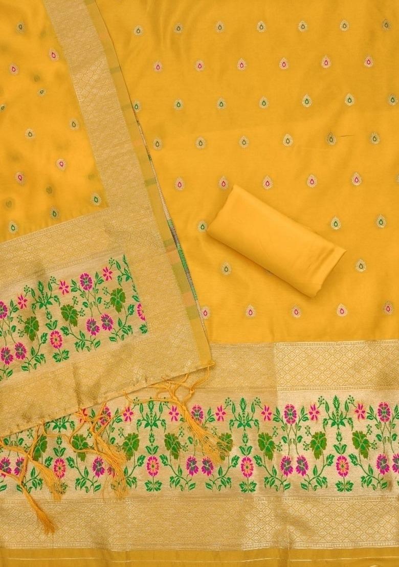 Yellow Zari Woven Silk Dress Material - Indya