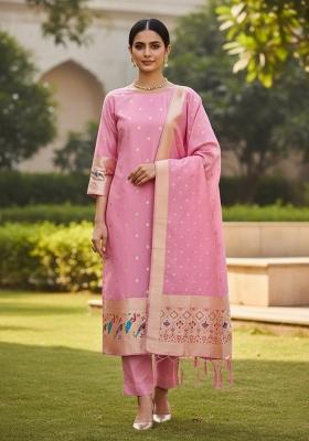 Light Pink Zari Woven Silk Dress Material
