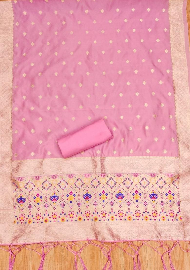 Light Pink Zari Woven Silk Dress Material