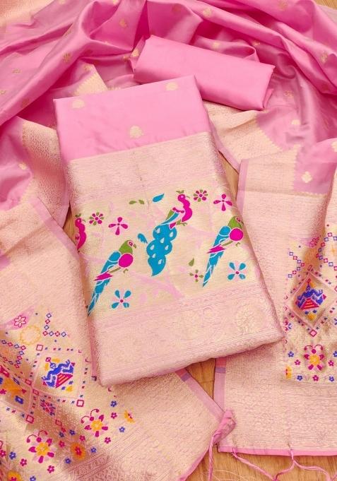 Light Pink Zari Woven Silk Dress Material