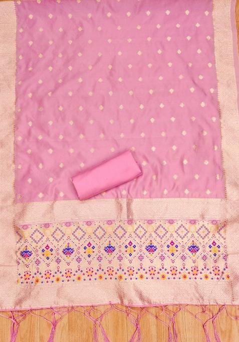 Light Pink Zari Woven Silk Dress Material