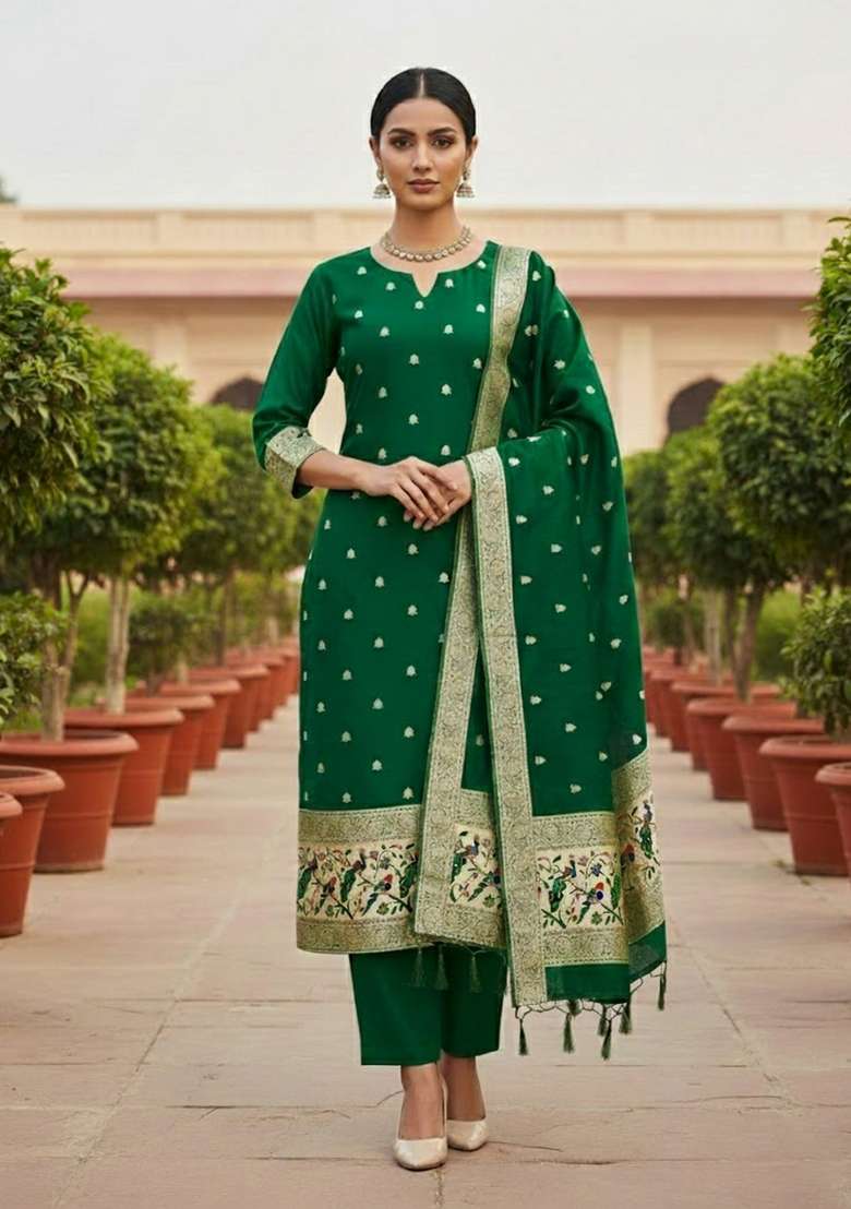 Dark Green Jacquard Silk Blend Straight Kurta Set - Indya