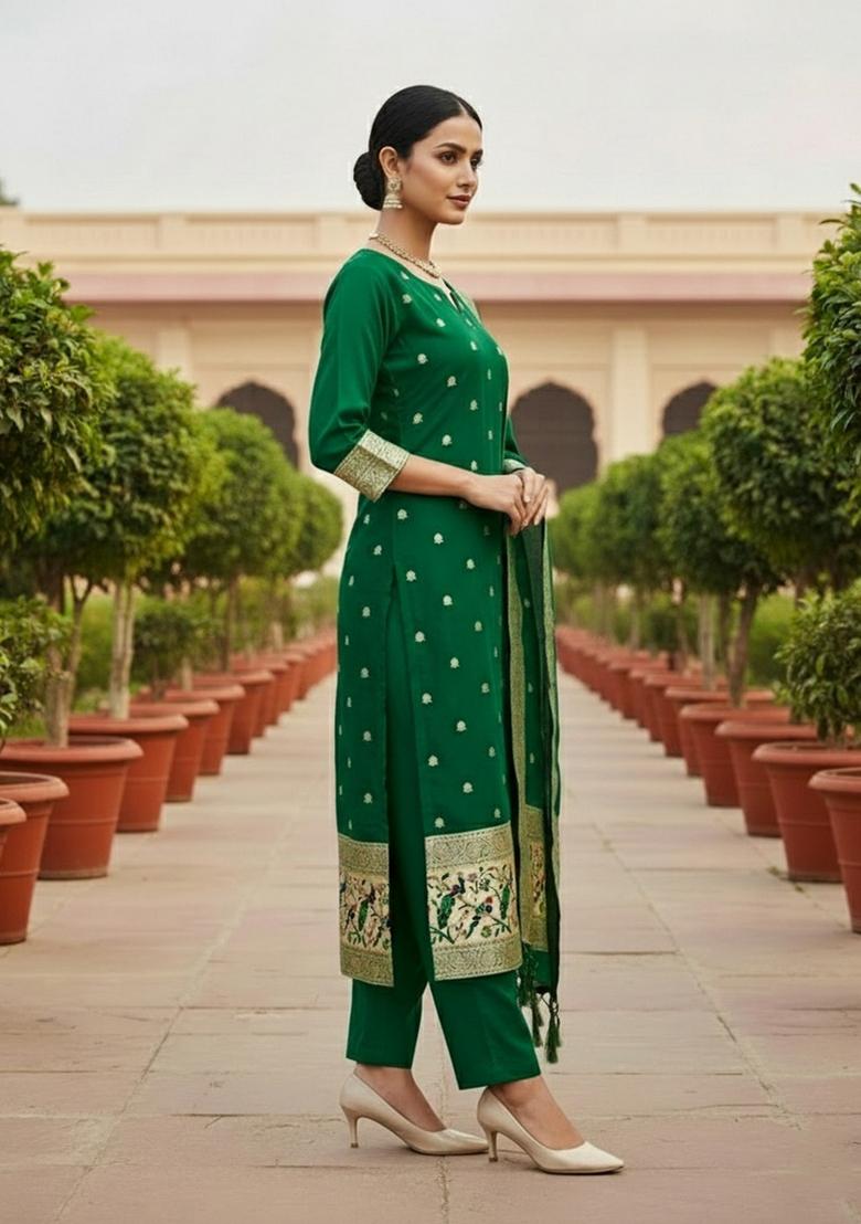 Dark Green Zari Woven Silk Dress Material - Indya