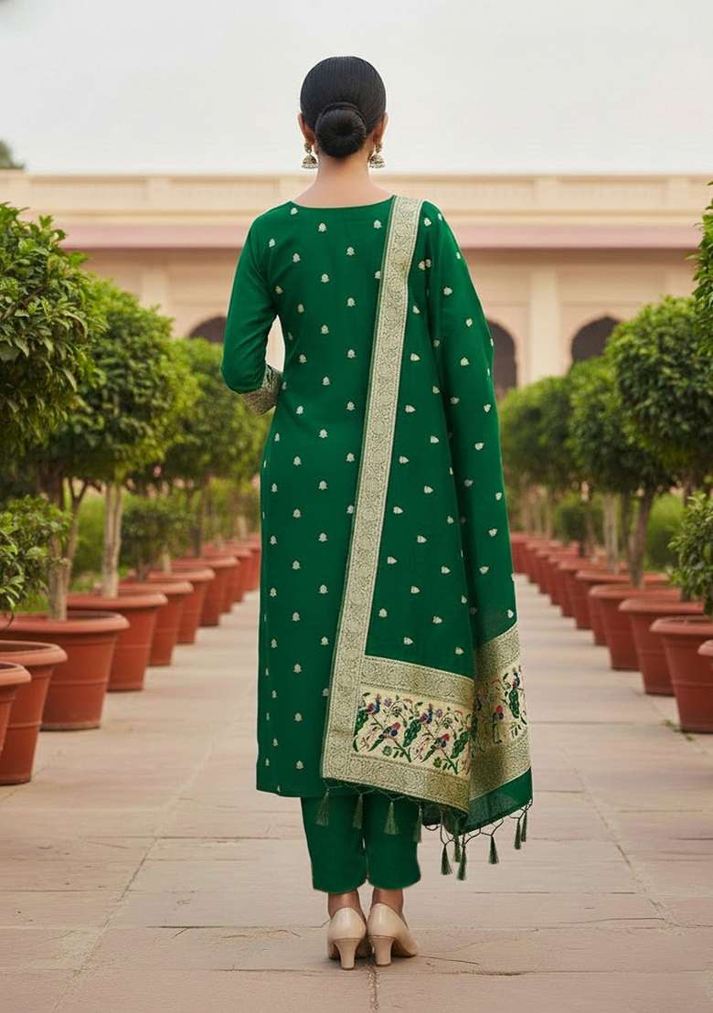 Dark Green Jacquard Silk Blend Straight Kurta Set - Indya