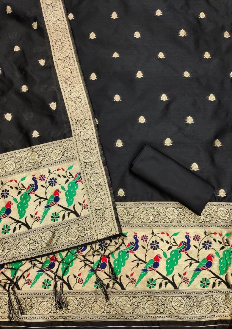 Black Zari Woven Silk Dress Material