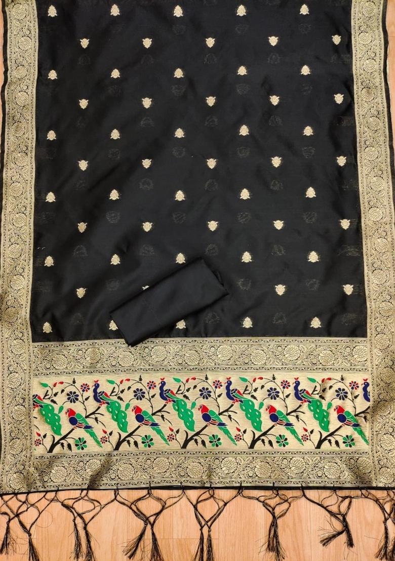 Black Zari Woven Silk Dress Material