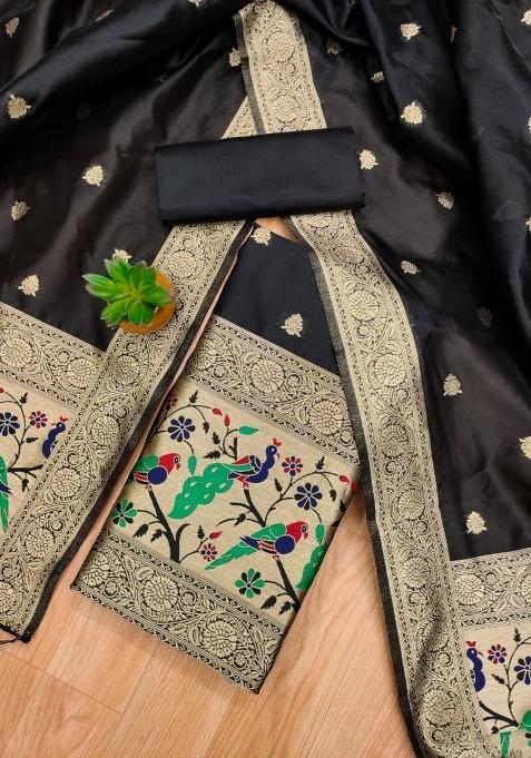 Black Zari Woven Silk Dress Material