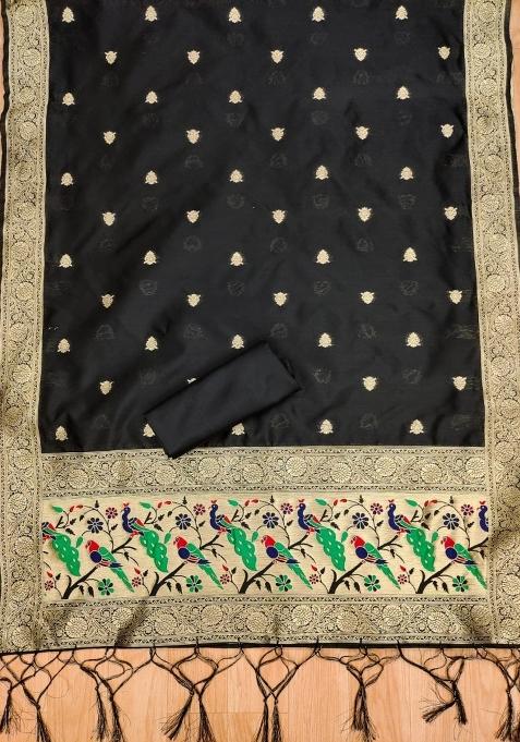 Black Zari Woven Silk Dress Material