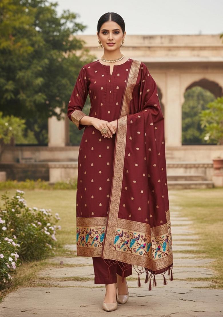 Maroon Zari Woven Silk Dress Material