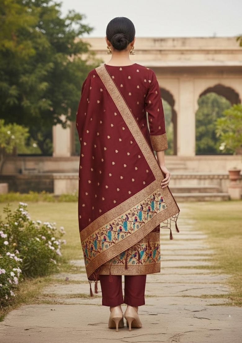 Maroon Zari Woven Silk Dress Material