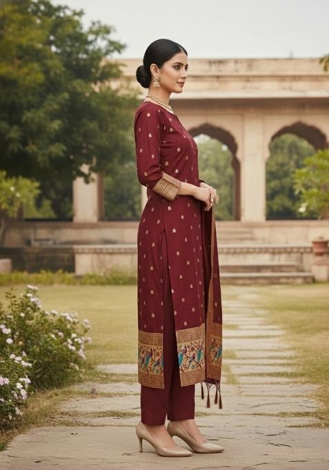 Maroon Zari Woven Silk Dress Material
