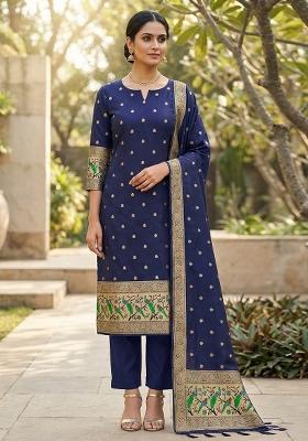 Dark Blue Zari Woven Silk Dress Material