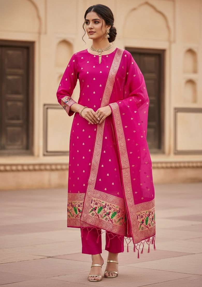 Pink Zari Work Silk Blend Straight Kurta Set - Indya