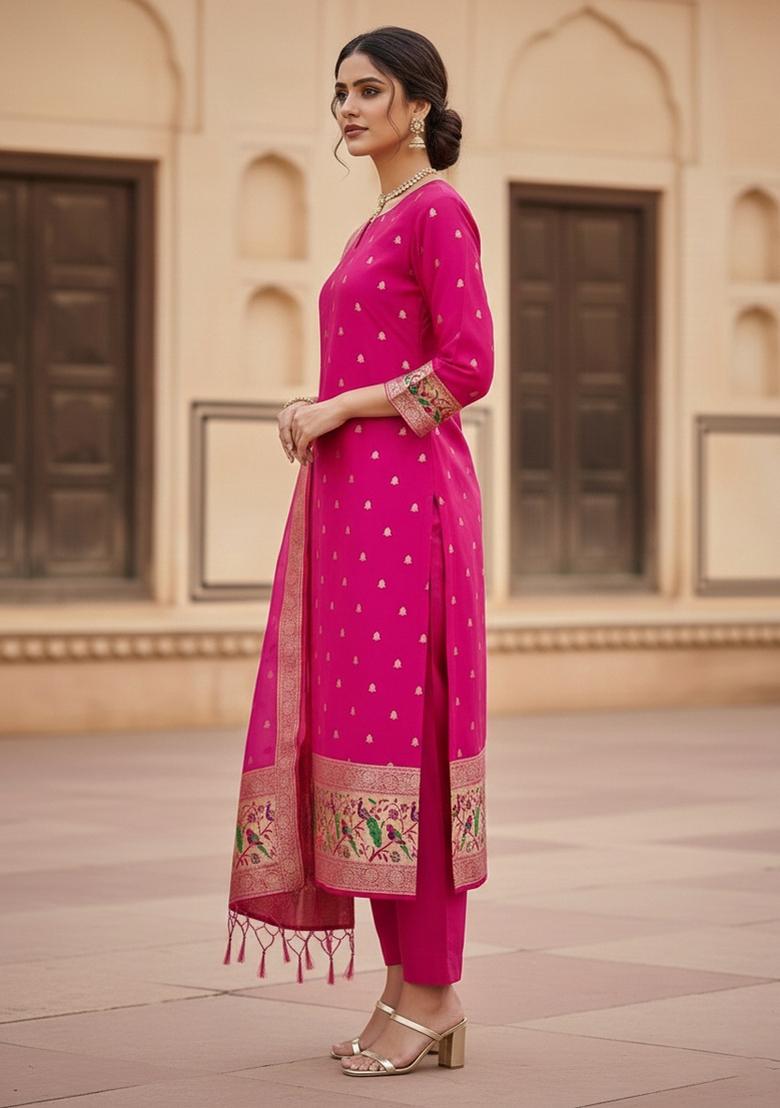 Pink Zari Woven Silk Dress Material - Indya