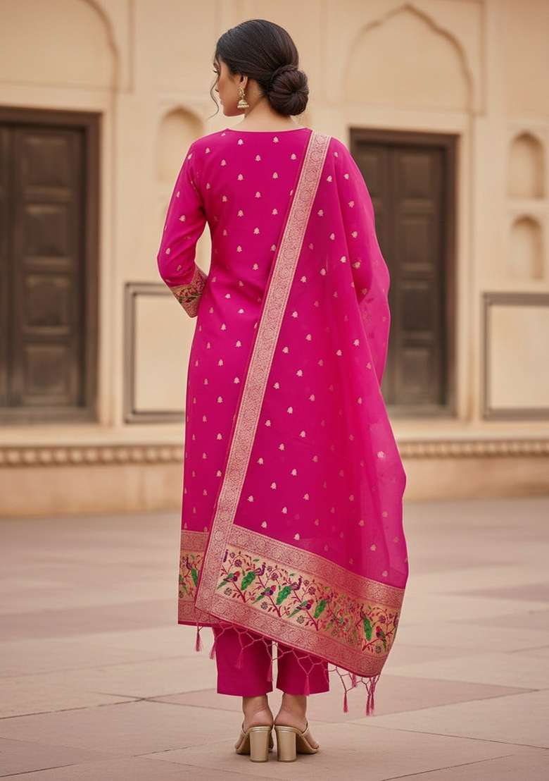 Pink Zari Work Silk Blend Straight Kurta Set - Indya