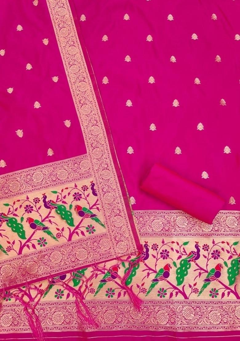 Pink Zari Woven Silk Dress Material - Indya