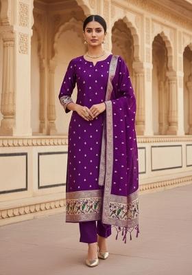 Purple Zari Woven Silk Dress Material