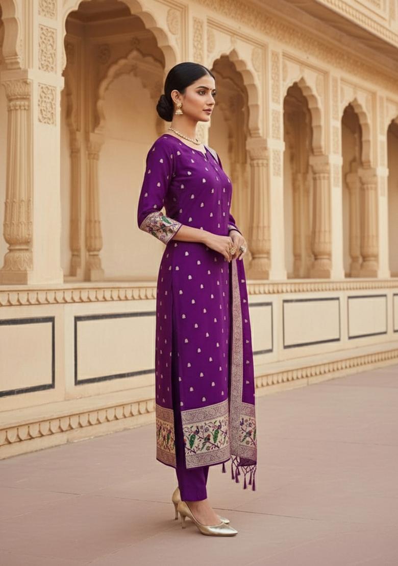 Purple Zari Woven Silk Dress Material - Indya