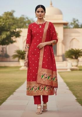 Red Zari Woven Silk Dress Material