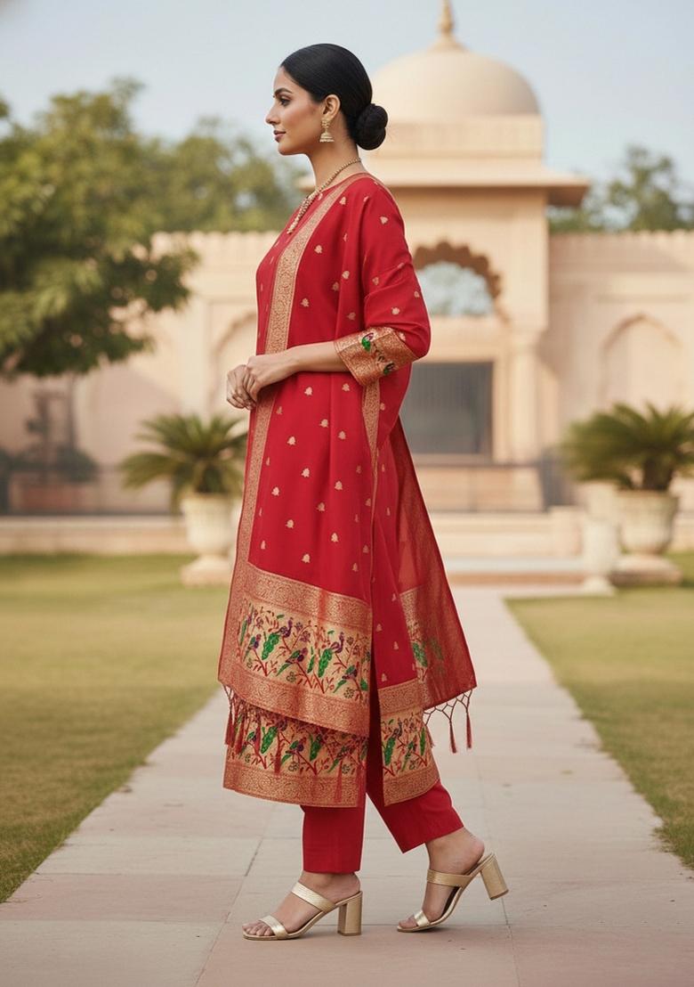Red Zari Woven Silk Dress Material