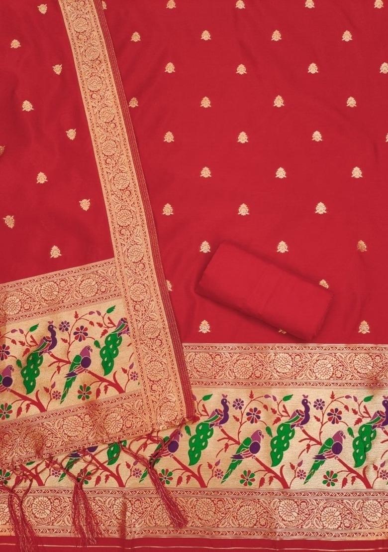Red Zari Woven Silk Dress Material