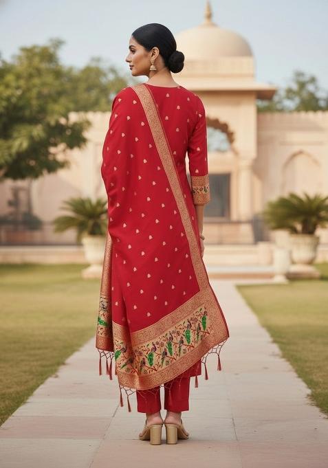 Red Zari Woven Silk Dress Material