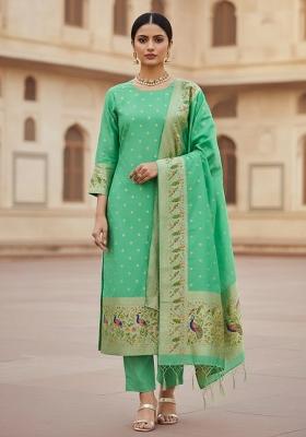 Sea Green Zari Woven Silk Dress Material