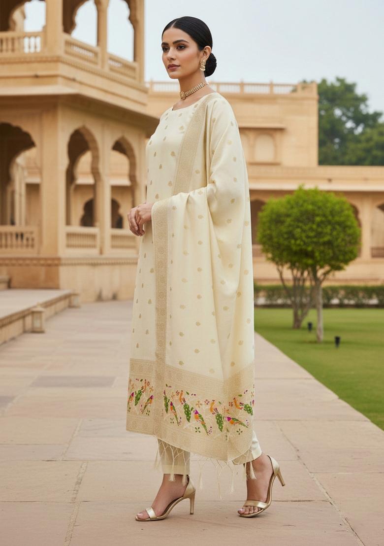White Zari Woven Silk Dress Material - Indya