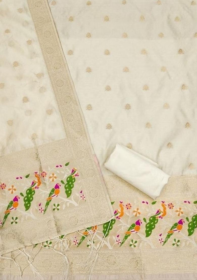 White Zari Woven Silk Dress Material - Indya