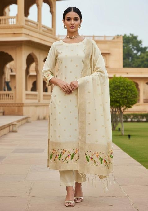 White Zari Woven Silk Dress Material