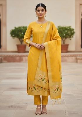 Yellow Zari Woven Silk Dress Material