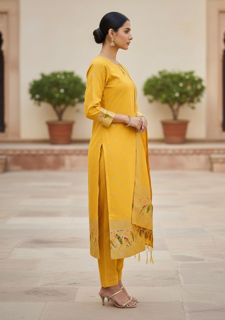 Yellow Zari Woven Silk Dress Material - Indya