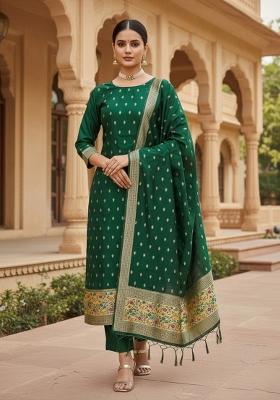 Green Zari Woven Silk Dress Material