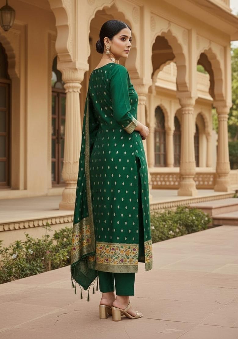 Green Zari Woven Silk Dress Material - Indya