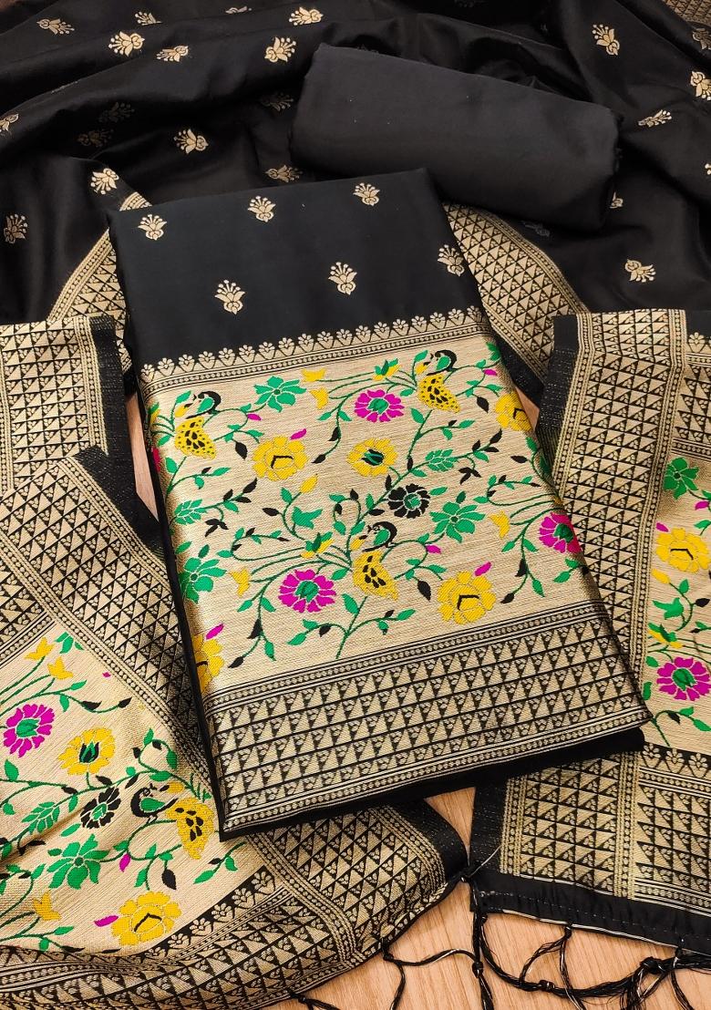 Black Zari Woven Silk Dress Material