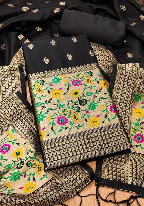 Black Zari Woven Silk Dress Material